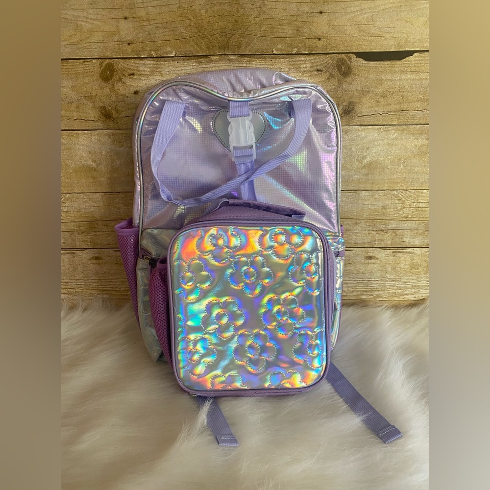 Love at 1st Sight Backpack Lunch Bag Combo Holographic Purple School Bag New